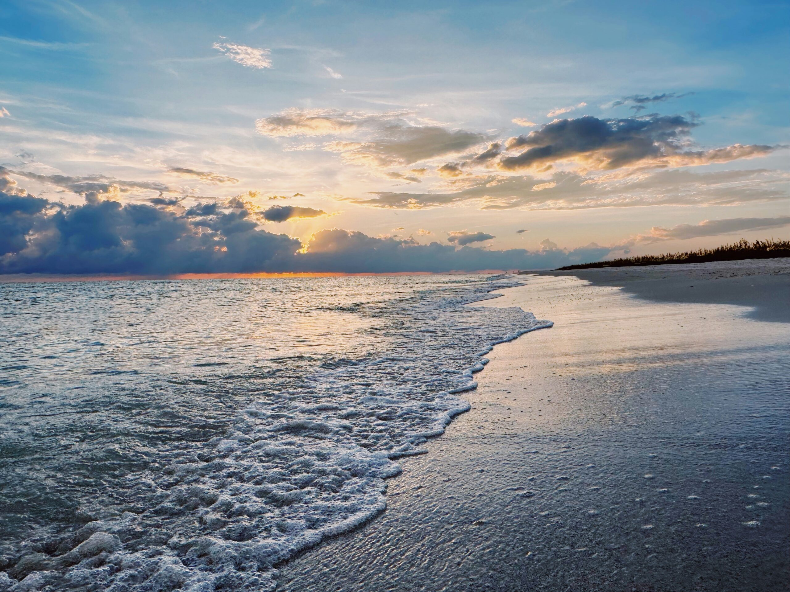 Sunset over the Gulf of Mexico with sea oats along the dunes